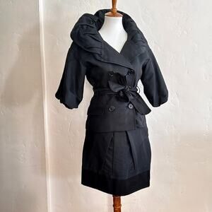Vintage 90s BCBG Dark Green Skirt Suit Set 2 Victorian Style Puff Sleeve XS